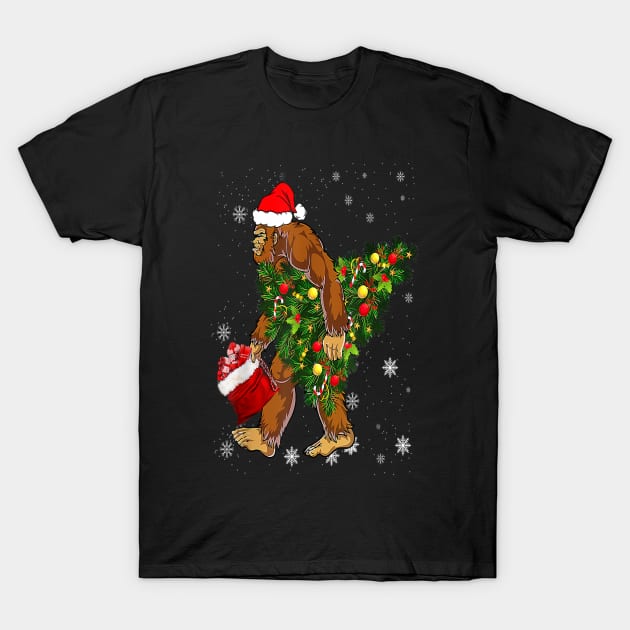 Bigfoot Carrying Christmas Tree Sasquatch Believer Pajama T-Shirt by Gadsengarland.Art